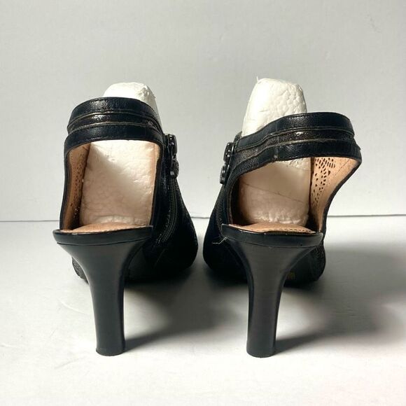 Nurture Women's Size 8.5M Silver/Black Leather Peep Toe Slingback Heels - Picture 4 of 8